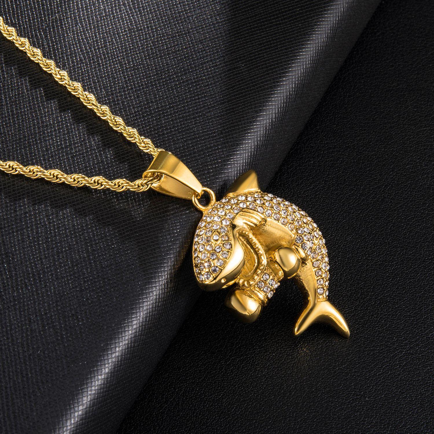 New Fashion Gold Plated Stainless Steel Bling Diamond Mens Shark Pendant Chain Necklace personalized Hip Hop Rapper Jewelry Gifts for Men