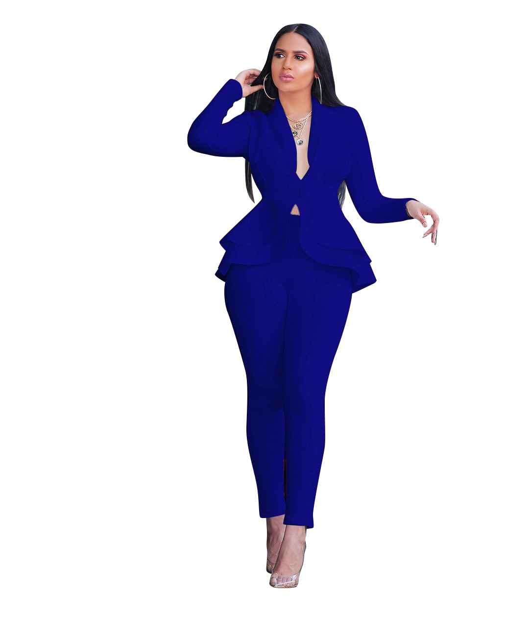 Pants European and American spring autumn fashion temperament solid color Long Sleeve Ruffle air layer professional uniform casual women