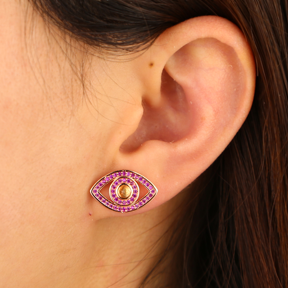 Gold rose gold plated rainbow cz evil eye stud earring luxury bohemia boho trendy 2019 new arrived jewelry earring