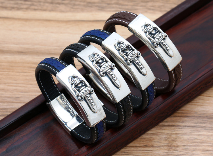 Brand new 925 sterling silver handmade jewelry American European vintage antique silver designer ID bracelets leather band nice gift