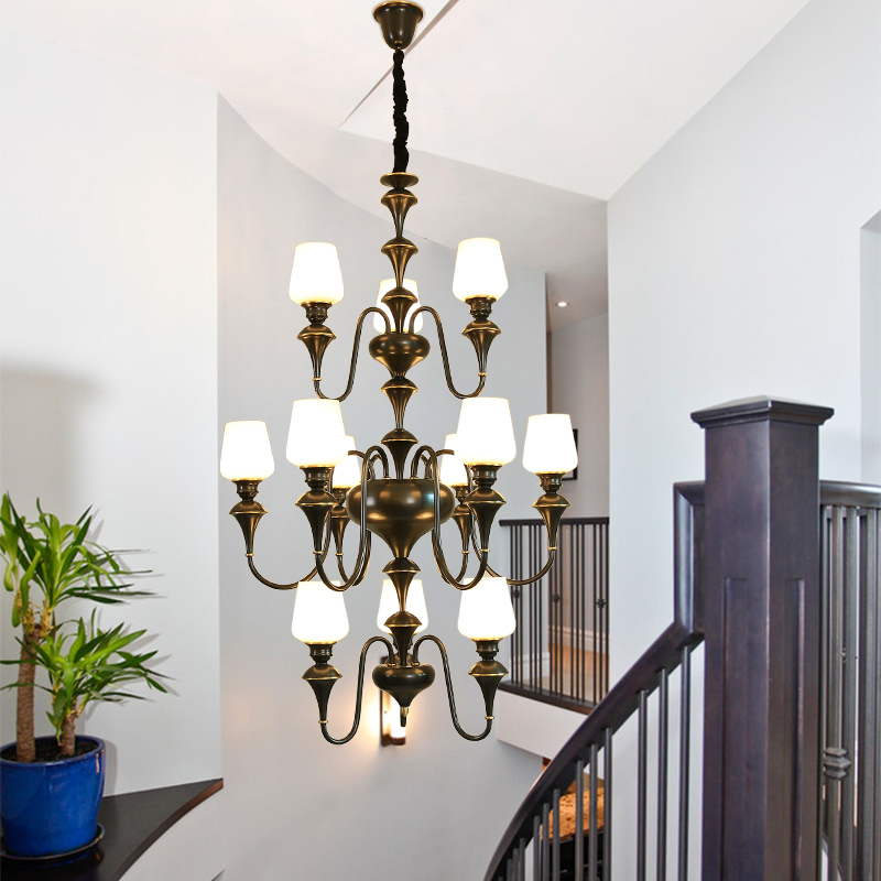 Stair Lamps Long Chandelier Lighting Duplex Building Modern Glass Chandelier Simple Pendant Lamp Copper American Villa Hotel Staircase Chandelier