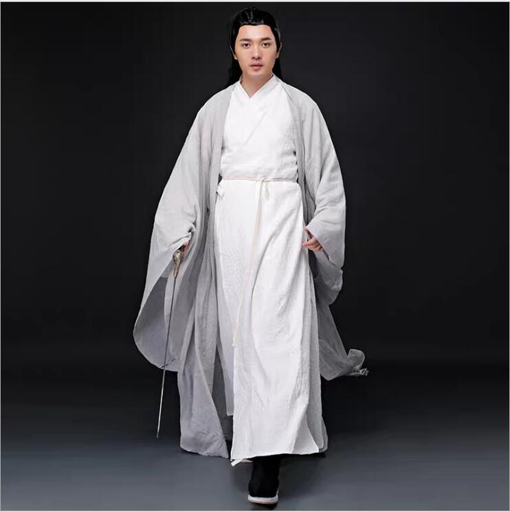 Asian Oriental Cosplay Photo Studio ancient China costume Linen white Gray paintings Color clothes men cotton Sword man hanfu Outfit