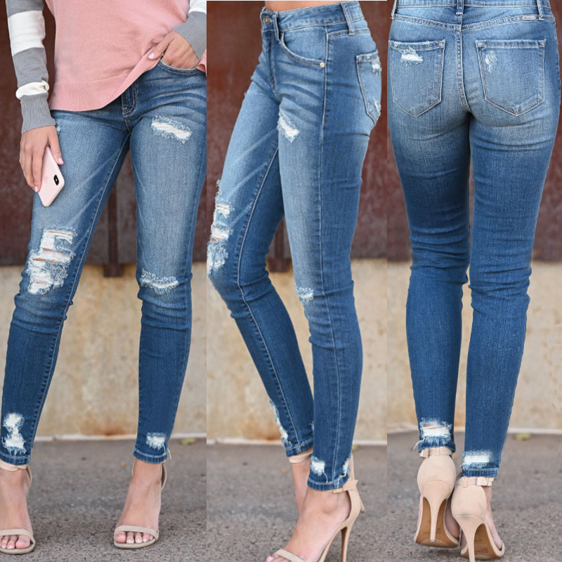 Female hole pencil jeans stretch slim fitness pants high waist jeans plus size pencil trousers, Blue
Female hole pencil jeans stretch slim fitness pants high waist jeans plus size pencil trousers, Blue