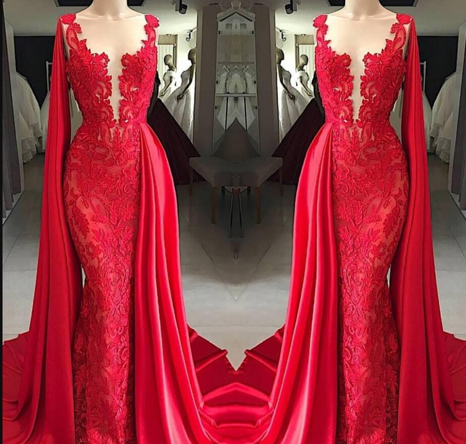 2019 New Fashion Sheer Neck Red Lace Mermaid Prom Dresses With Cape Sleeveless Appliqued Formal Dresses Evening Wear Floor Length Cheap, Orange 
2019 New Fashion Sheer Neck Red Lace Mermaid Prom Dresses With Cape Sleeveless Appliqued Formal Dresses Evening Wear Floor Length Cheap, Orange