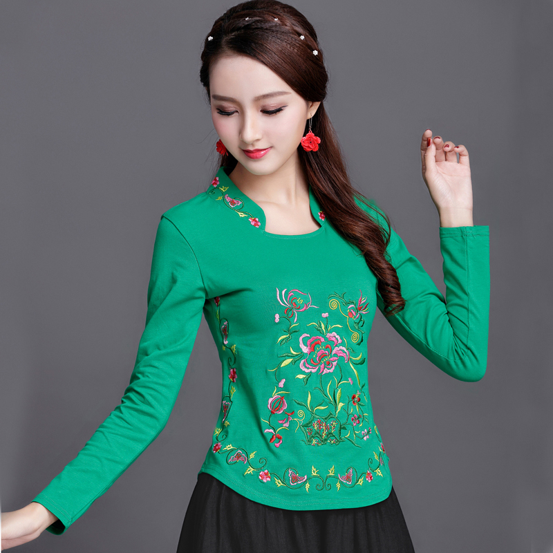 Ethnic Embroidery T Shirt Women Plus size Spring Tops Autumn Long sleeve Bottoming Cotton Tees High Collar White Ladies Clothes T200110