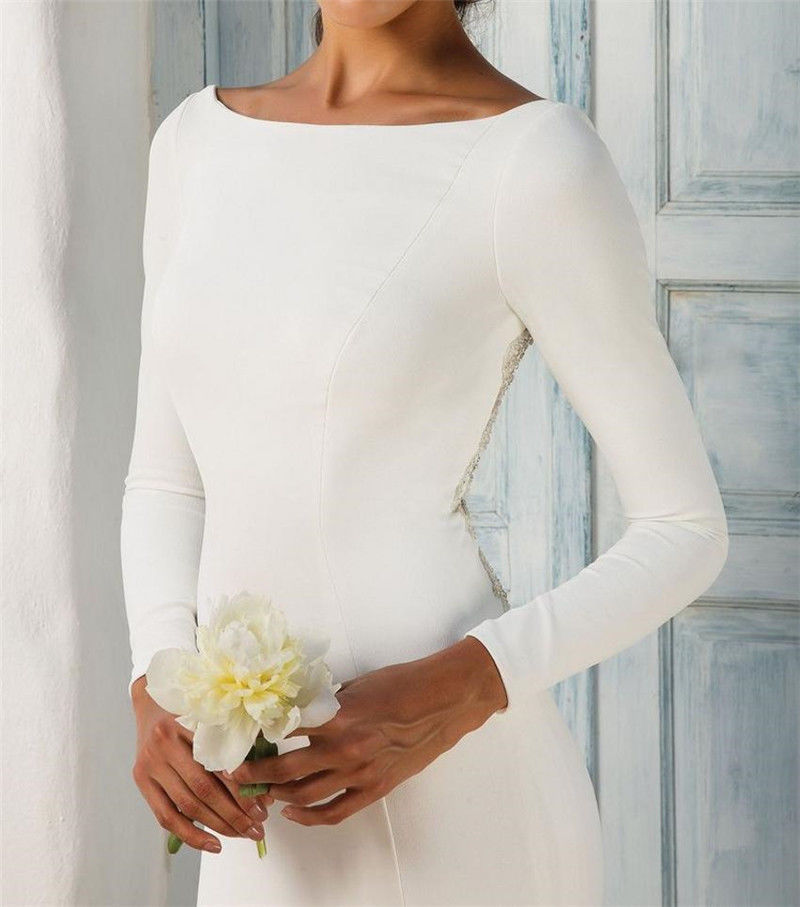 Beaded Sheer Back Wedding Dresses Mermaid Bridal Gowns Long Sleeves Sweep Train Satin Garden Beach Wedding Dress Plus Size