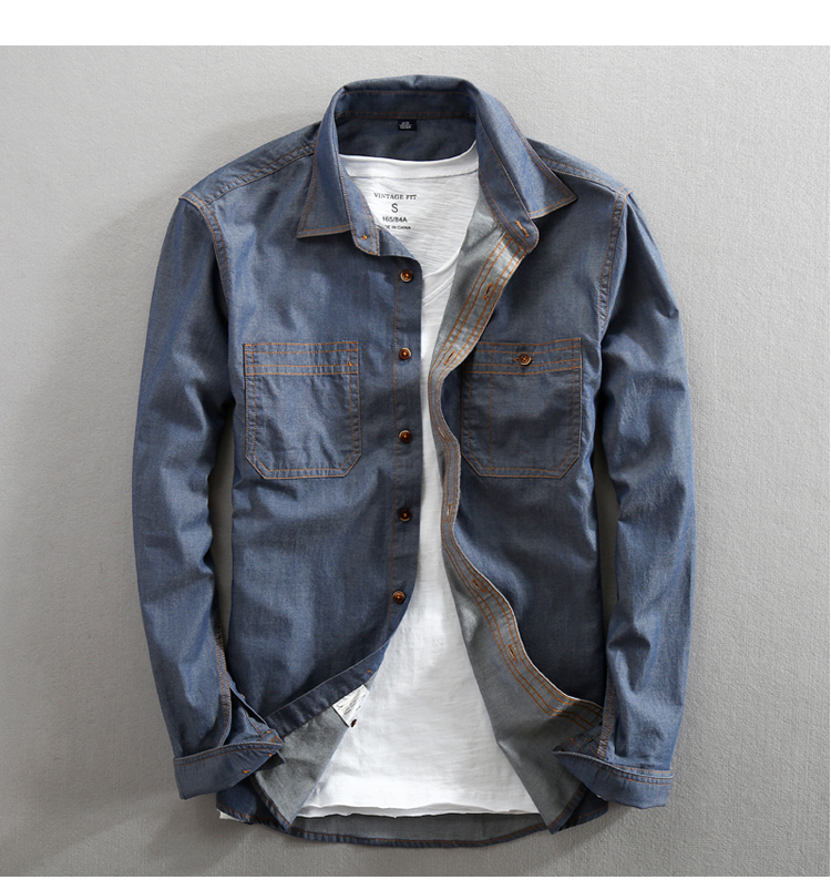 men jeans shirt Pure Cotton Regular Fit Long Sleeve Fashion mens Dress shirts Denim Casual Double Pocket