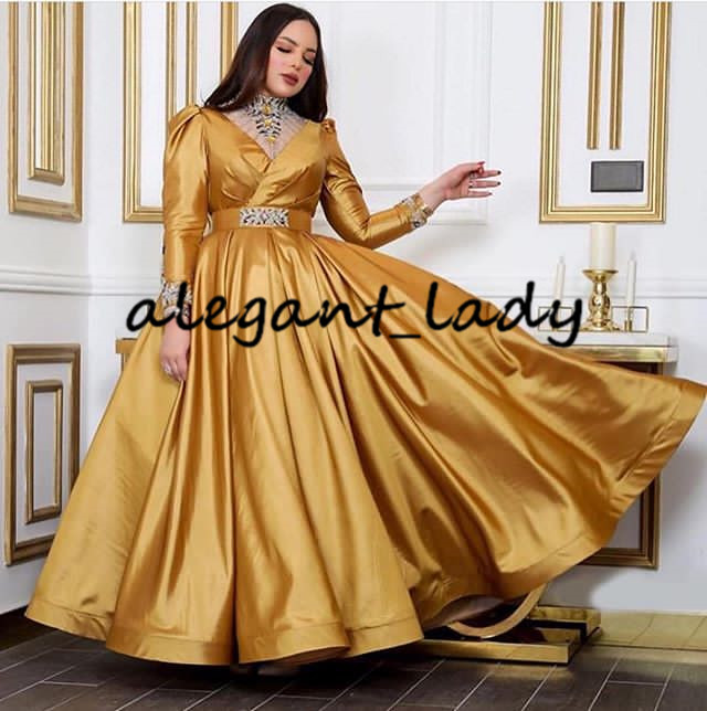 Gold Puffy Skirt Prom Dresses 2020 Arabic Dubai Muslim High Neck Long Sleeve Beaded Crystal Ankle length Evening Wear Gowns