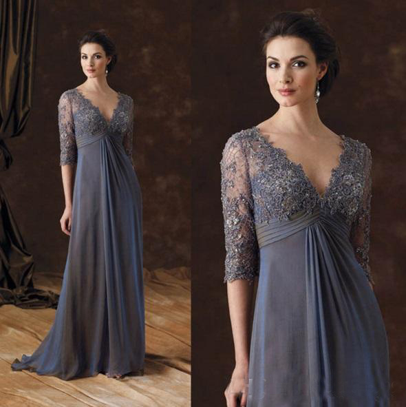 Chic Plus Size Lace Mother Of The Bride Dresses Sleeves A-Line V-Neck Empire Waist Evening Party Dresses Floor-Length Chiffon Prom Dresses