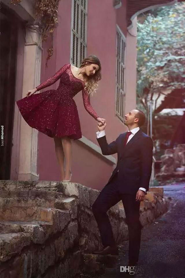 2019 Stunning Short Prom Dresses Sexy Sheer Long Sleeve Sequins Puffy Cocktail Party Gowns Custom Made Major Beading Evening Dresses