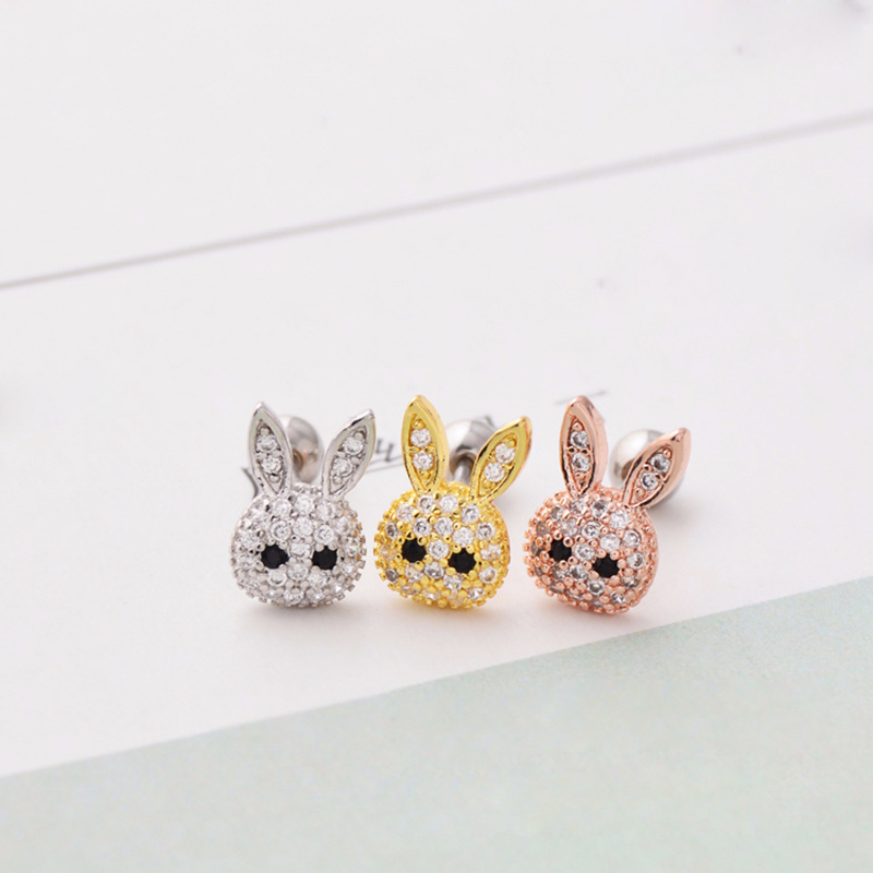Bling Zircon Cute Rabbit Animal Screwback Stud Earring Ear Bone Nail Jewelry No Fading No Allergies Safe Sleeping Without Picking