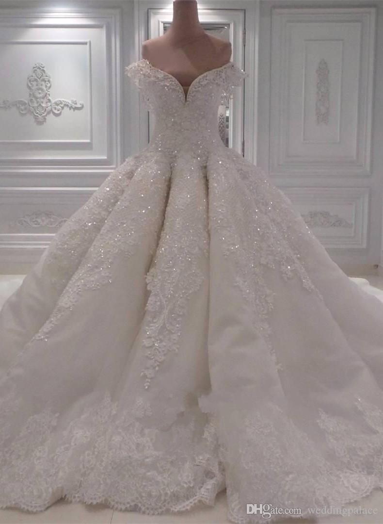 Sexy V New Neck Dresses Mopping Long Section Off-The-Shoulder Lace Ball Gown Sequins Bridal Noble Wedding Gowns s