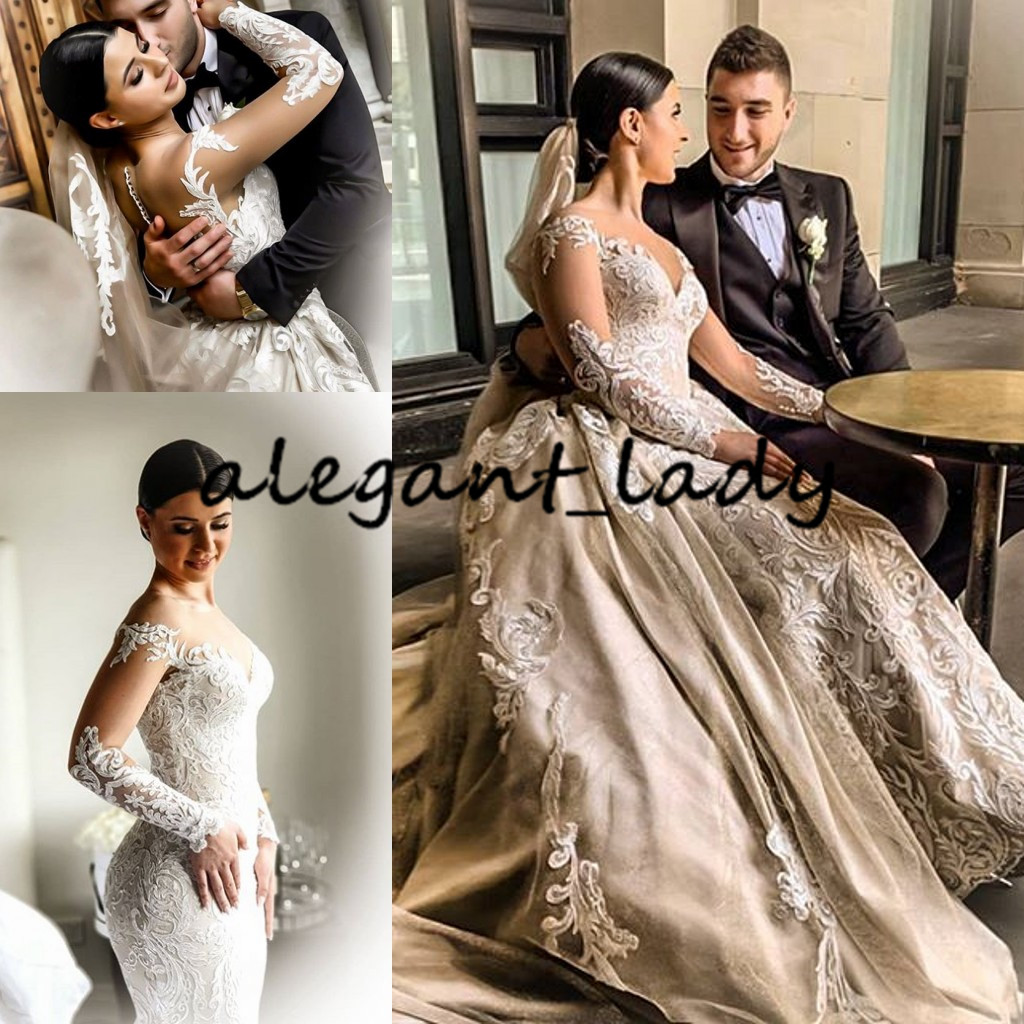 Illusion Long Sleeve Wedding Dresses with Detachable Train 2020 Plus Size Luxury Lace Applique Sheer Neck Princess Wedding Gown vestido