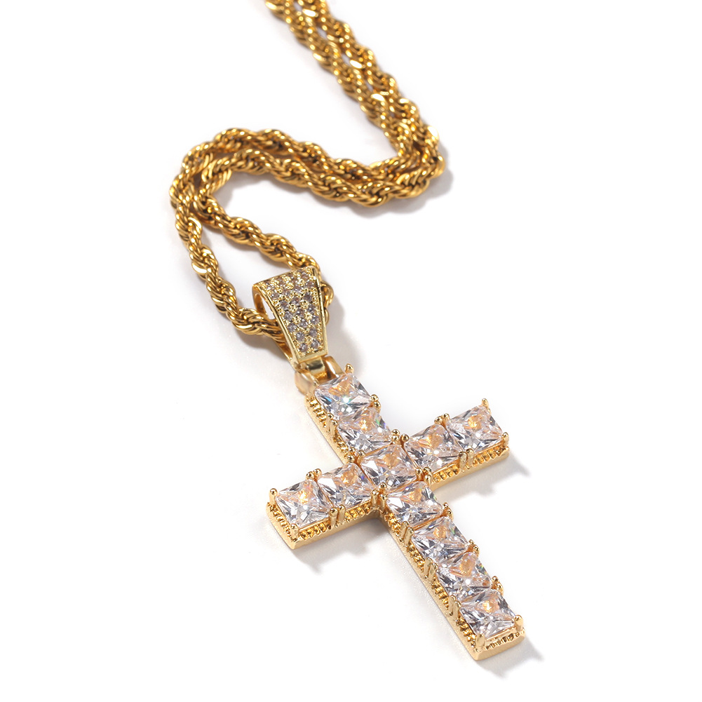 Bling Square Diamond Stone Cross Pendants White Gold Plated Necklace Men Women Lover Gift Religious Jewelry