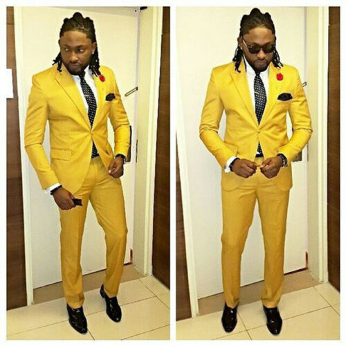 Yellow Groom Wedding Tuxedos Men Groom Suits Peaked Lapel Slim Fit One Button Prom Party Dinner Blazer Jacket (Jacket+Pants)