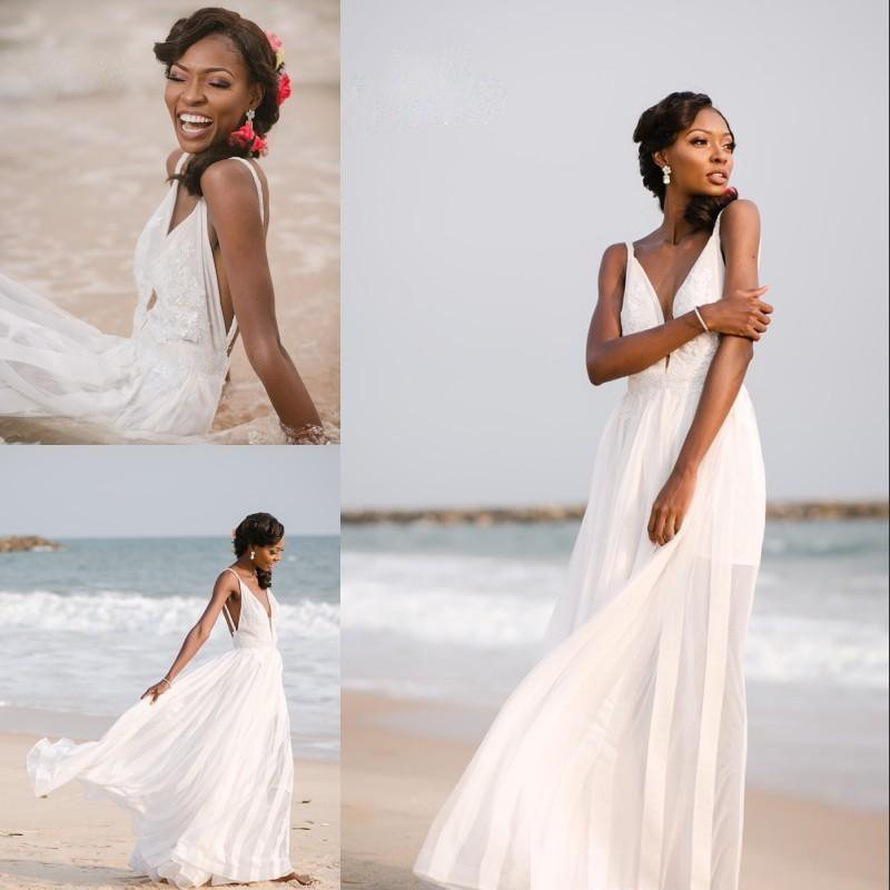 New Arrival Plunging Neckline Beach Wedding Dresses White Appliques Zipper Backless Chiffon Long Bridal Dress Fashion Wedding Gowns