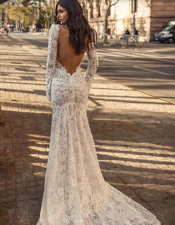 Julie Mermaid Vino Lace Wedding Dresses Deep V Neck Long Sleeve Bridal Gowns Backless Sexy Vintage Vestido De Novia Intage Estido