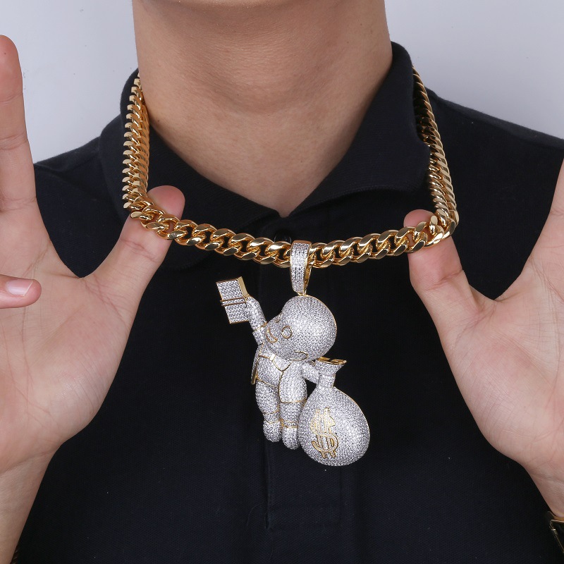 New Personalized Gold Plated Hip Hop Cartoon Boy with Big Money Bag Pendant Necklace Twisted Chain Iced Out CZ Zirconia Jewelry Gifts
