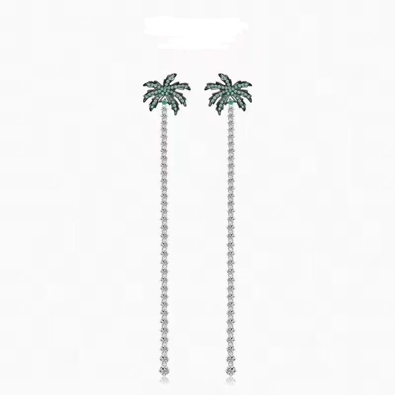 Fashion- Palm Tree Cristal Earrings Long Rhinestone Green Coconut Tree Earrings Tassels For Women Pendants Earring Sterling Silver Jewe
