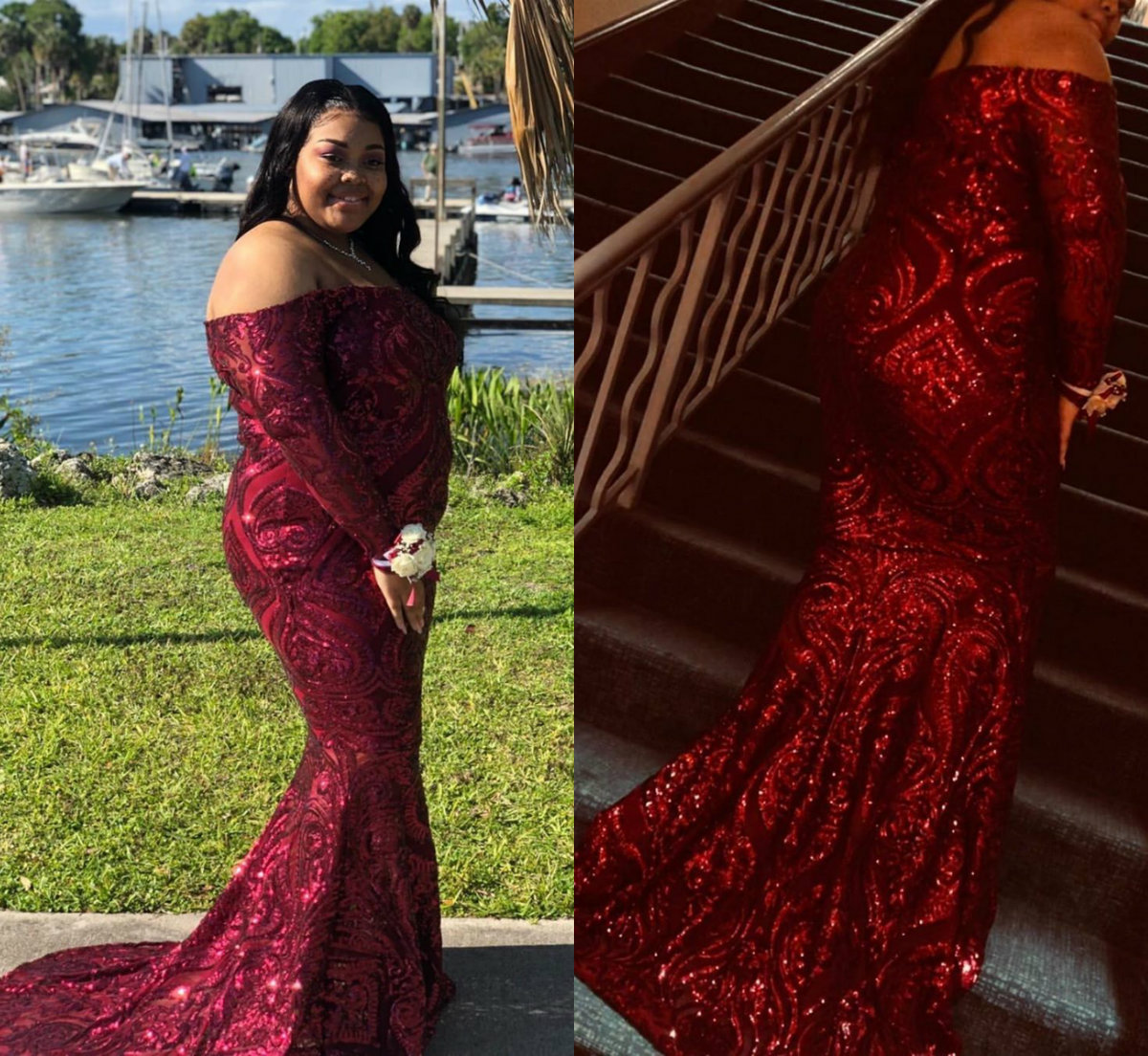 2020 Plus Size Evening Dresses Appliqued Lace Sequins Off The Shoulder Mermaid Prom Dress Party Wear Long Slevee Formal Gowns