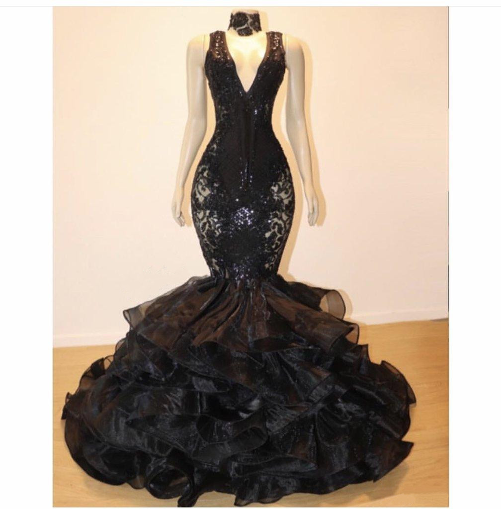 black mermaid prom dresses elegant deep v neck cascading ruffles formal evening gowns with applique lace beaded celebrity dress