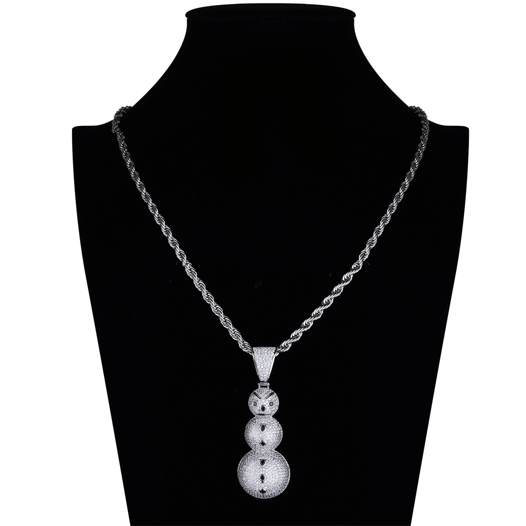 New 18K Gold Plated Ice Out Full CZ Cubic Zirconia Christmas Snowman Pendant Necklace Twist Chain Hip Hop Jewelry Gifts for Men and Women