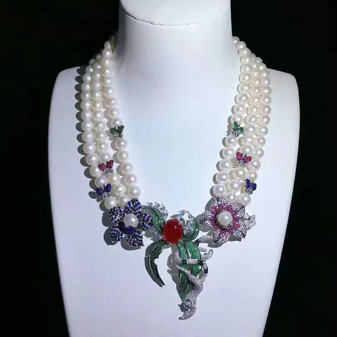 Women's 8-9mm white freshwater pearl exaggerated flower butterfly micro inlay zircon accessories sweater necklace, Silver
Women's 8-9mm white freshwater pearl exaggerated flower butterfly micro inlay zircon accessories sweater necklace, Silver