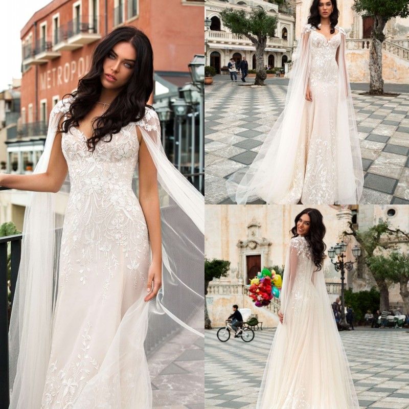 2019 Elegant Mermaid Wedding Dresses With Cape Spaghetti Strap V Neck Lace Appliqued Wedding Dress Sweep Train Garden Beach Bridal Gowns
