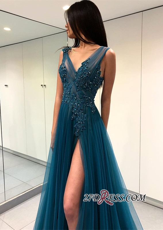 Sexy Side Split Prom Dresses V Neck Lace Appliques Beaded Sweep Train Backless Sweep TRain Evening Dress Formal Occasion Gowns