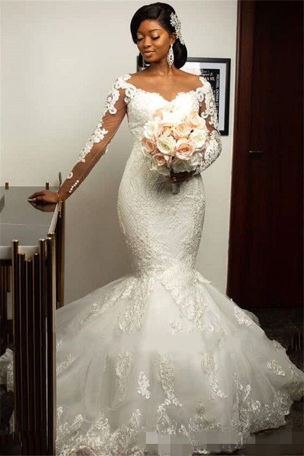 Long Sleeves Mermaid Wedding Dresses Lace Applique Sheer Neck Illusion Custom Made Plus Size African Country Wedding Gown Vestido de novia