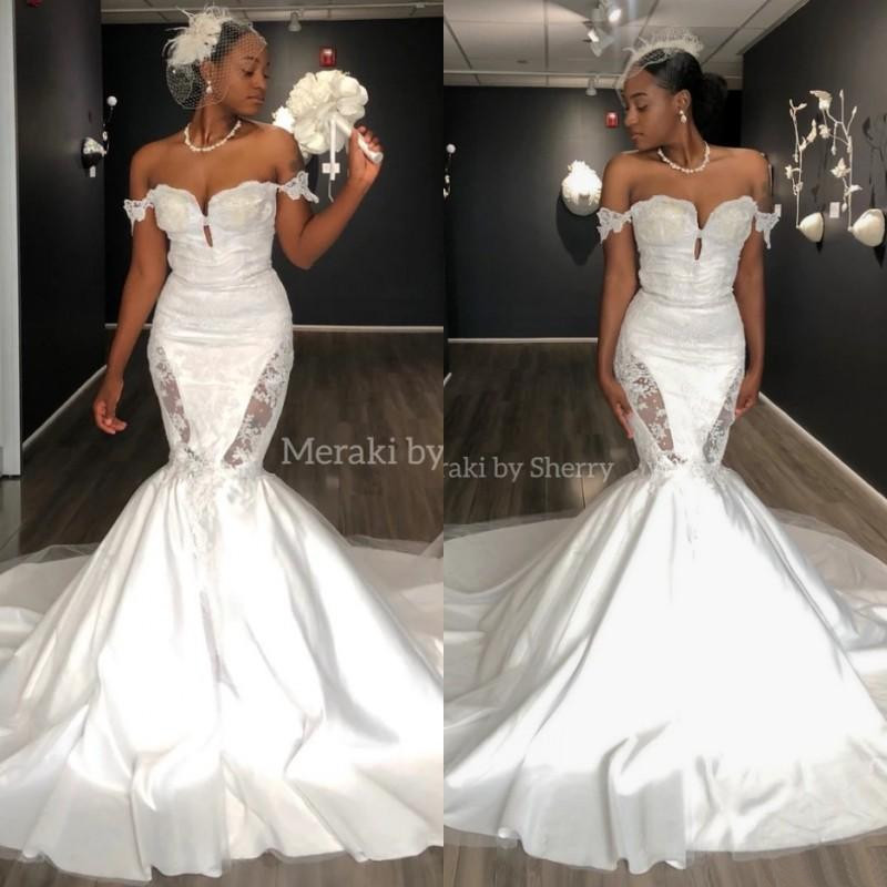african off shoulder mermaid wedding dresses cutaway side lace appliqued bridal gowns custom made robe de marie