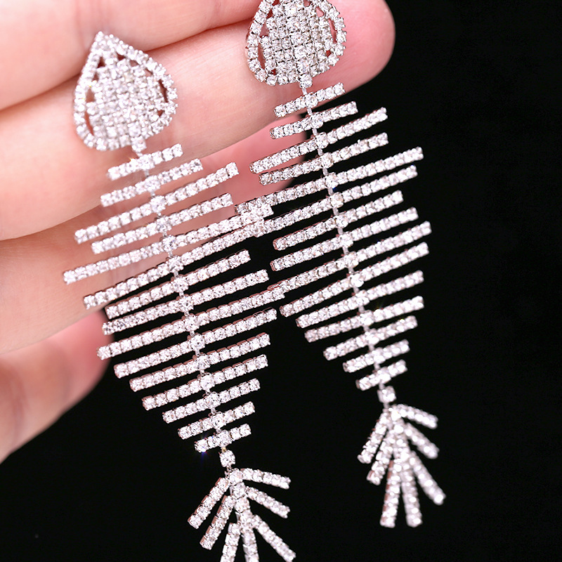 Shiny Bling Fish Skeleton S925 Silver Needle Dangle Drop Earrings New Style White Zircon Gold Plated Earring Jewelry Wholesale