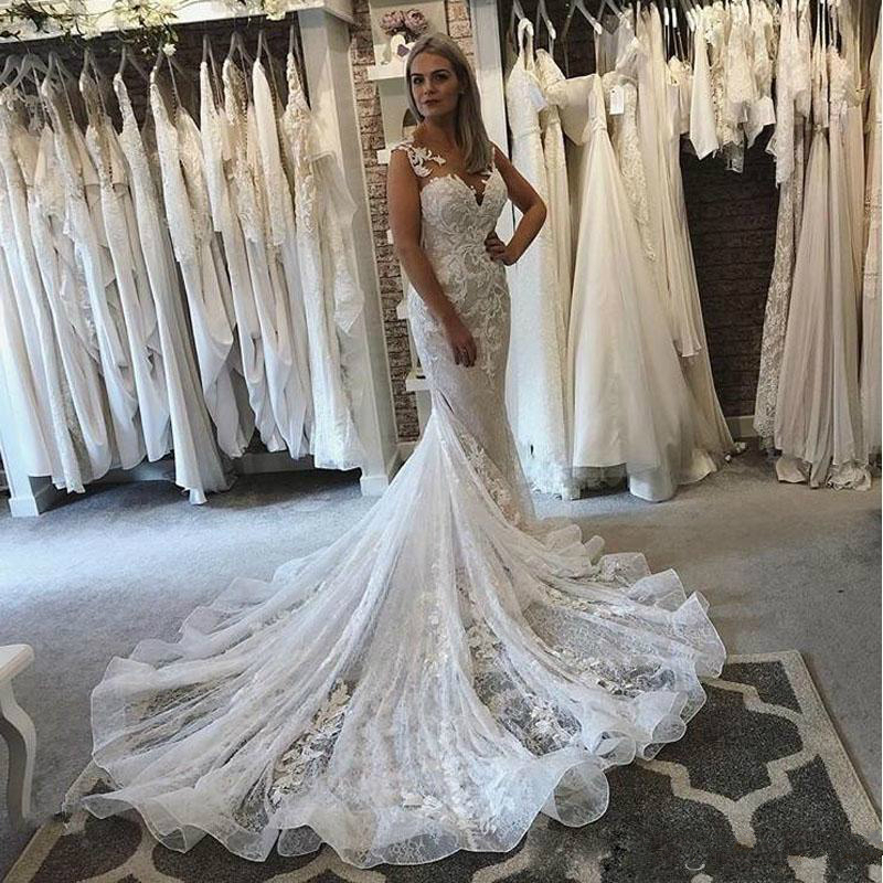 Slim Mermaid Wedding Dresses Sheer Neck Lace Appliques Bridal Gowns Illusion Button Back Sweep Train Wedding Dress