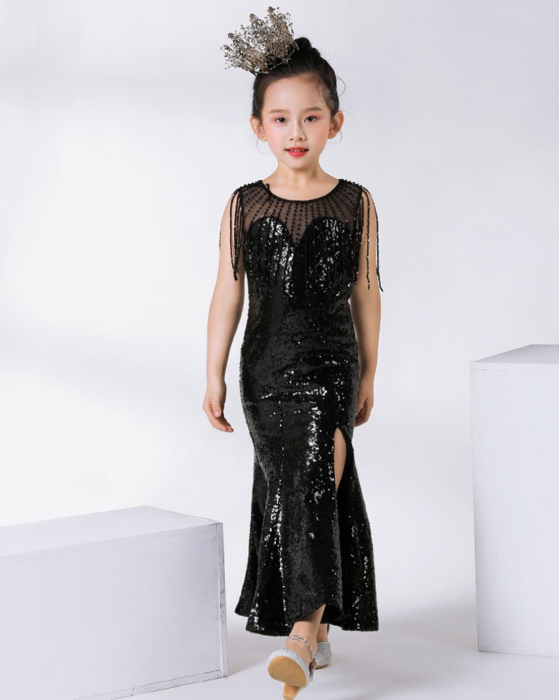 2020 Cute Kids Formal Wear Black Sequins Flower Girls Dresses For Wedding Children Pageant Dresses Ball Gown