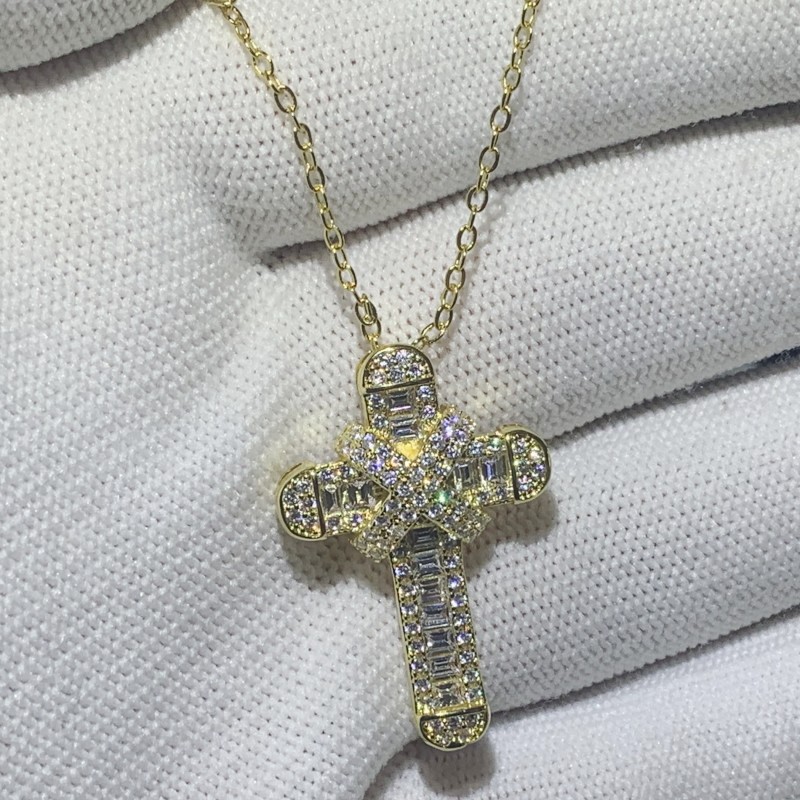 New Sparkling Handmade Fine Jewelry 925 Sterling Silver&Gold Fill Large Small Cross Pendant Christianity Party Clavicle Women Necklace