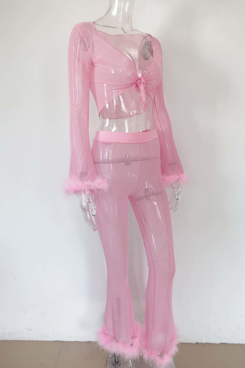 Women's 2-Piece Pink Mesh Tracksuit: Cute Faxu Fur Crop Top And Flare Pants Set For Sexy Party Outfits