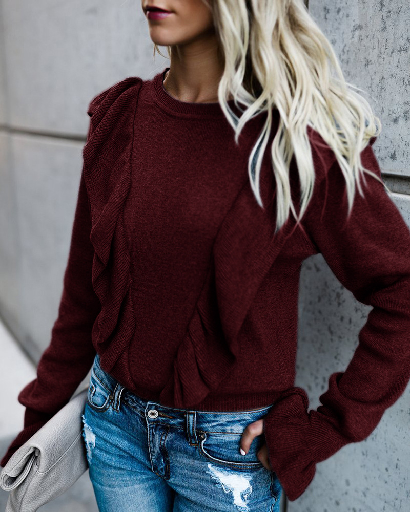 European leisure women's long-sleeved shirt wooden ear trumpet sleeve T-shirt white gray black self-supported mixed batch