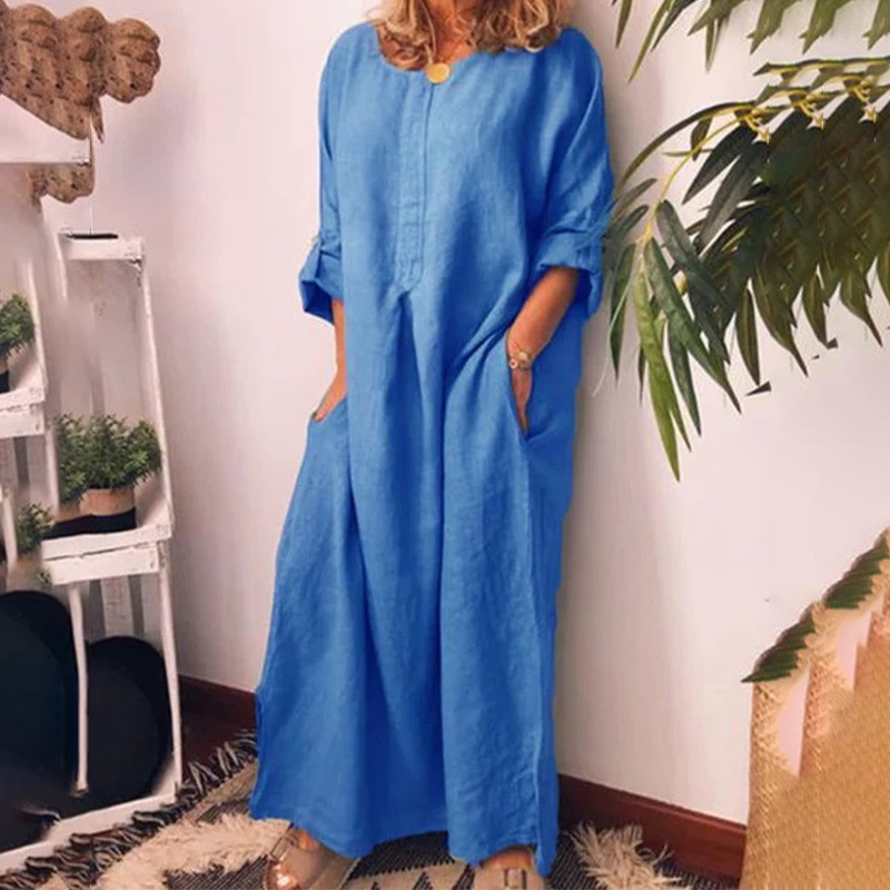 Women's Cotton Linen Oversized Maxi Dress White Pockets O-Neck Solid Long Dresses Spring Summer 2020 Fashion Loose Clothes Woman T200415