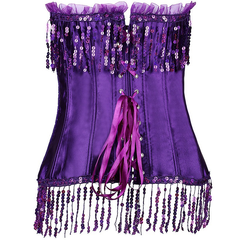 Women Sequined Tassels Overbust Corset with Lace Frill Trim and Satin Bows Details Sexy Lace-up Beading Bustier G-string Set