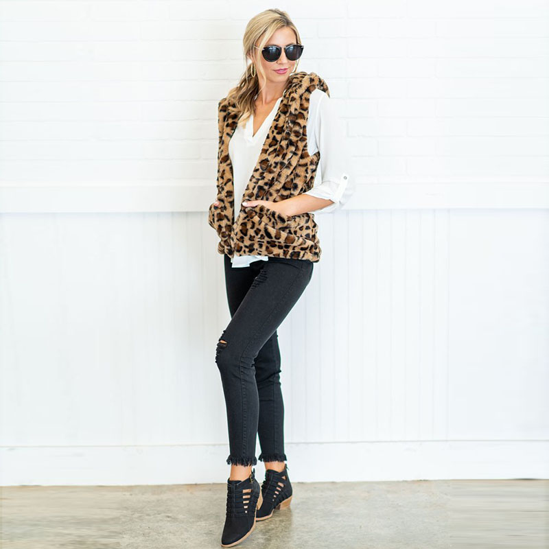 Spring Winter Womens waistcoat Leopard Faux Fur Vest Gilet Jacket Coat Outwear Cardigan Outwear