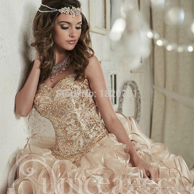 Luxurious Champagne Beads Crystals Ball Gown Quinceanera Dresses Floor-Length Vestidos De 15 Anos Sweet 16 Dresses
