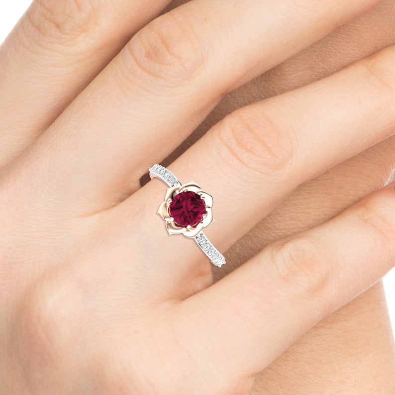 3PcsSet Exquisite 18K Rose Gold Ruby Flower Ring Anniversary Proposal Jewelry Women Engagement Wedding Band Ring Set Birthday Par
