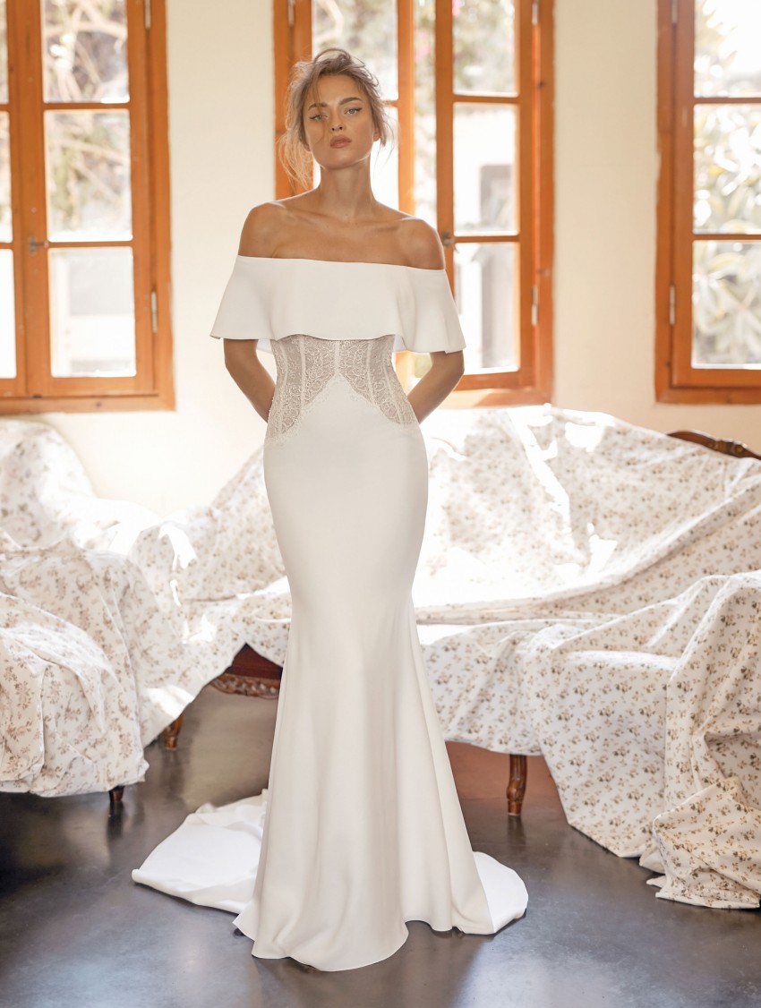 Lihi Hod Charming Mermaid Wedding Dresses Off The Shoulder Neck Lace Bridal Gowns Sweep Satin Covered Buttons Back Robe De Marie