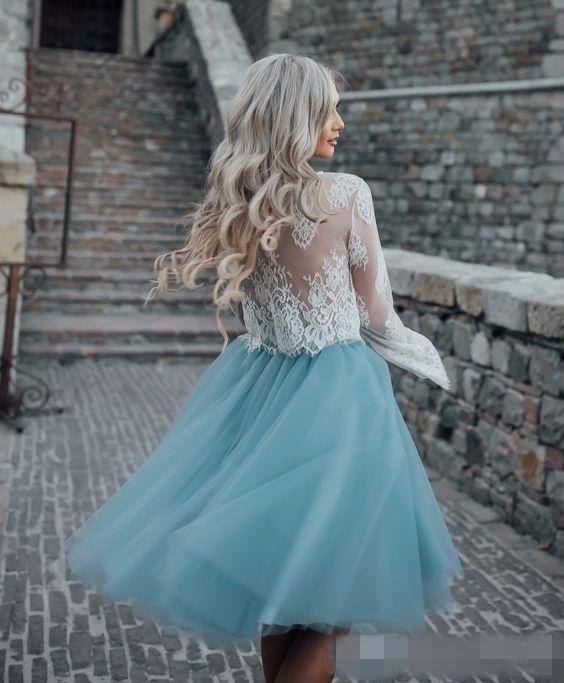 Summer Beach A Line Bridesmaid Dress White Lace Blue Tulle Long Sleeves Short Maid Of Honor Wedding Guest Party Gown