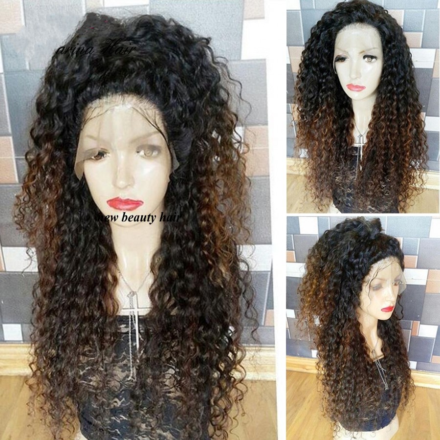 Free part Ombre brown color kinky curly lace wig Brazilian hair Lace Front Wigs synthetic heat resistant hair For black Women