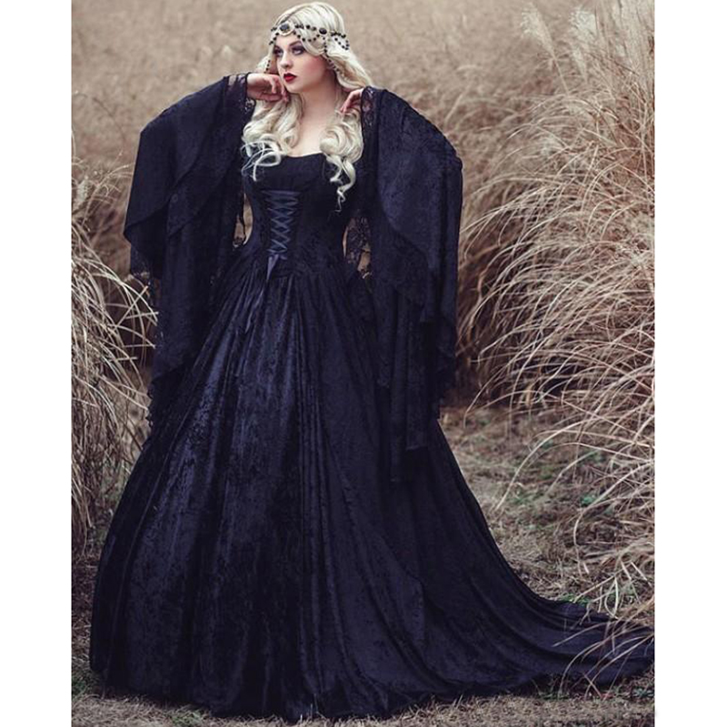 Vintage Gothic Hallowen Lace Princess Wedding Dresses Plus Size Off-shoulder Long Sleeve Castle Chapel Train Bridal Wedding Gowns