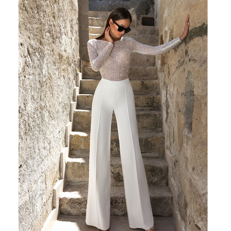 Eva Lendel Jumpsuit Wedding Dresses Sheath Jewel Neck Bling Bling Sequins Long Sleeve Bridal Gowns Wedding Dress Vestido