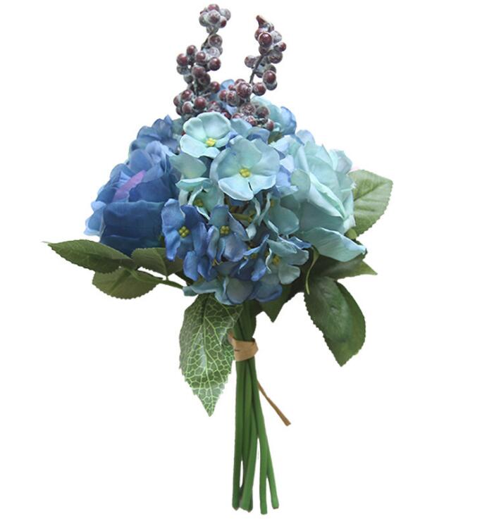 Blue artificial rose bouquet wedding creative decorations diameter about 21cm include rose, hydrangea and berries free shipping WT037