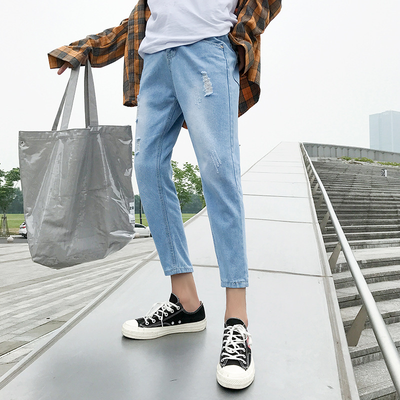 Summer 2020 Fashion beggar ripped jeans men's handsome Korean trendy cropped pants Hong Kong style thin casual harem pants, Blue
Summer 2020 Fashion beggar ripped jeans men's handsome Korean trendy cropped pants Hong Kong style thin casual harem pants, Blue