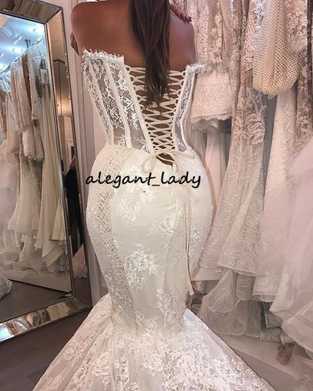 Cathedral Train Mermaid Wedding Dresses 2019 Luxury Lace Applique Crystal Sweetheart Lace-up Corset Church Bridal Wedding Gown